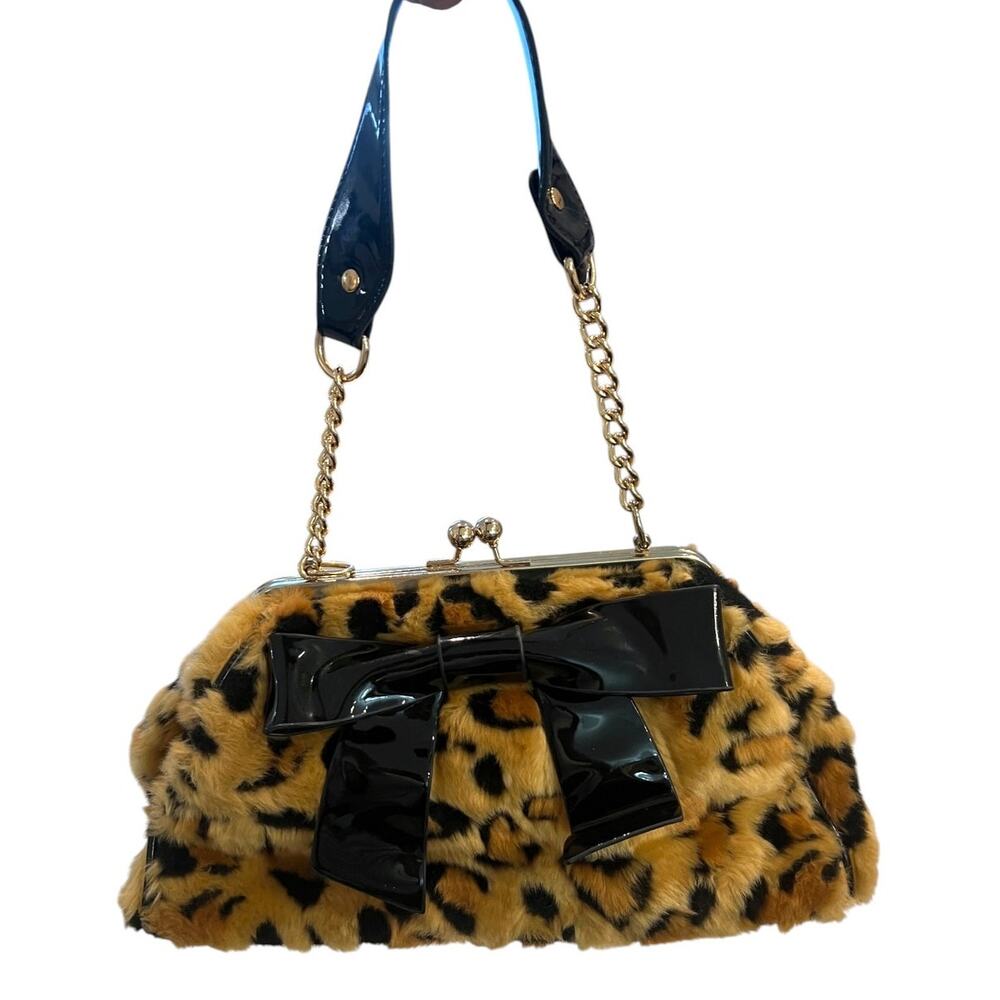Pinup Couture Leopard Print Faux Fur Clutch Bow Rockabilly Pinup Bag Purse Retro